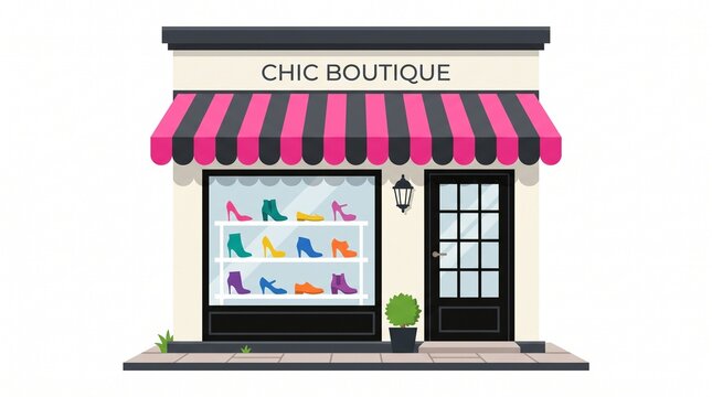 ​A vector illustration of a "Chic Boutique" shoe store featuring a pink striped awning and a display window with colorful women's footwear.