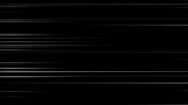 White radial comic light speed lines horizontal moving from right to the left on black background, Anime Speed Lines Background Animation, Right to Left speed lines moving with alpha channel.