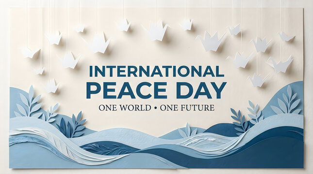 Elegant background design for international peace day featuring flying white paper doves and blue artistic wave elements