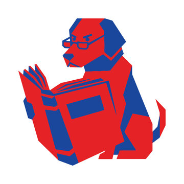 Smart dog wearing glasses reading a book, flat vector illustration of a studious pet.