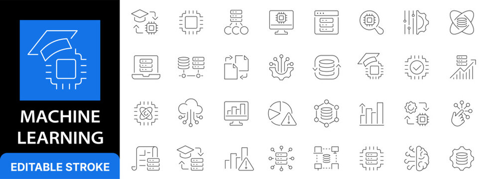 Machine learning and artificial intelligence line icon set. Data science, neural network algorithm, deep learning and microchip processing outline symbols. Editable stroke.