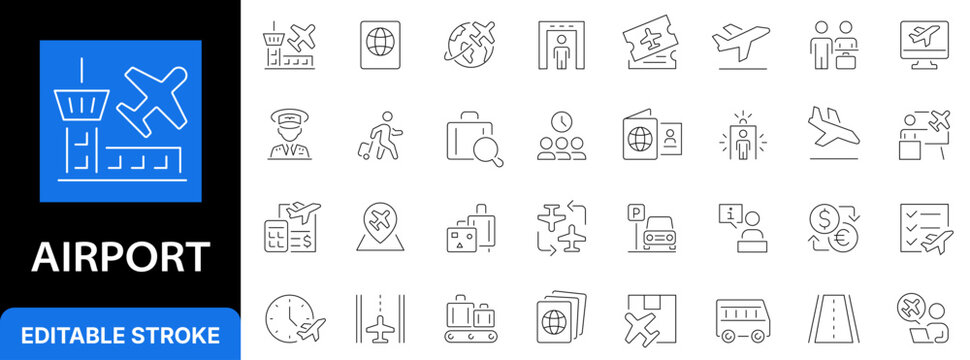 Airport and airline travel line icon set. Flight ticket, passport control, baggage claim, plane takeoff and terminal navigation outline symbols. Editable stroke.