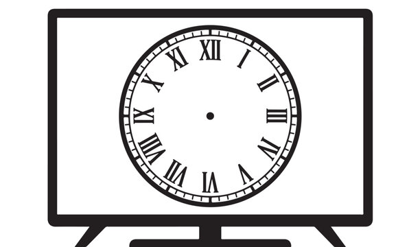 Clock Displaying Roman Numerals on Television Screen with Black Frame and Stand Featuring Time, Display, Vintage with Classic