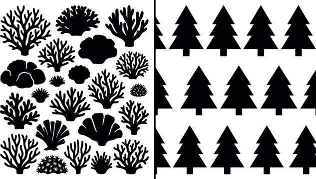 Coral Reef Silhouettes and Seamless Pine Trees Pattern Black Vector Design Elements