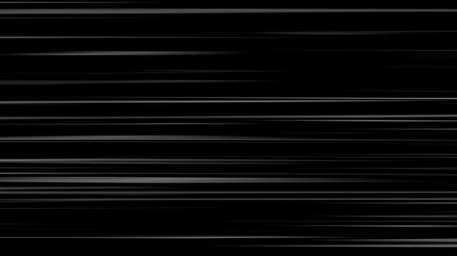 White radial comic light speed lines horizontal moving from right to the left on black background, Anime Speed Lines Background Animation, Right to Left speed lines moving with alpha channel.