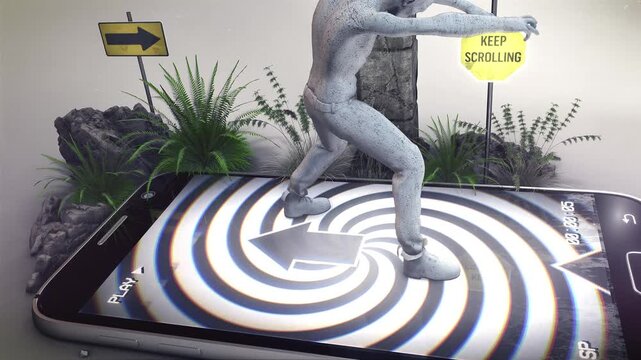 A symbolic depiction of how people are constantly chained to their phones as if under mind control, representing the idea that our smart phones are hypnotising us and dumbing us down, creating an unbr