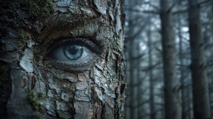 Obraz premium Mystical human eye embedded in rough tree bark in misty forest