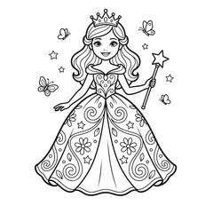 Fototapeta premium Princess Fairy Coloring Page – Elegant Magical Girl Line Art Illustration