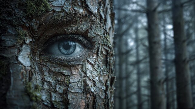 Mystical human eye embedded in rough tree bark in misty forest