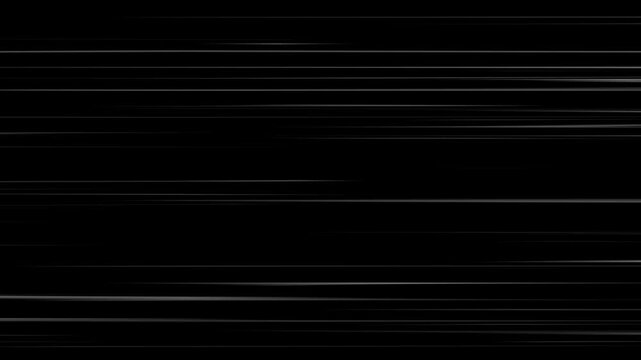 White radial comic light speed lines horizontal moving from right to the left on black background, Anime Speed Lines Background Animation, Right to Left speed lines moving with alpha channel.
