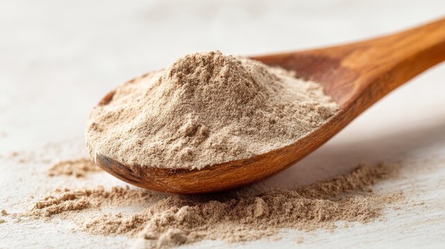 Nutritional protein or maca powder heap in a wooden spoon