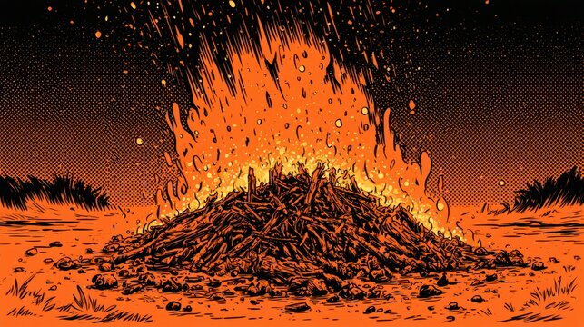A bonfire blazes brightly under a night sky. Flames shoot high as wood crackles and pops. The scene captures vibrant colors and action.