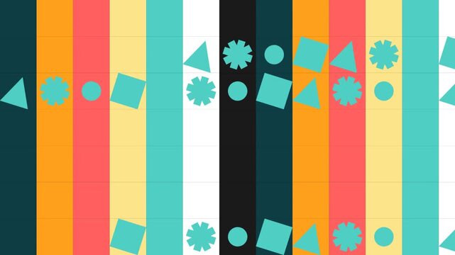 Abstract colorful vertical stripes background with geometric yellow shapes like circles squares triangles and stars