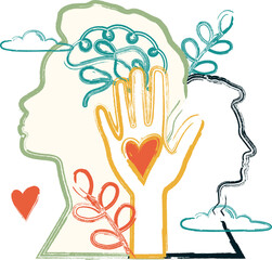 Obraz premium Face silhouettes with brain and floral elements. Mental Health concept.