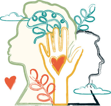 Face silhouettes with brain and floral elements. Mental Health concept.