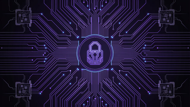 Ultra-detailed cryptographic micro-circuit board with glowing purple traces and encryption lock