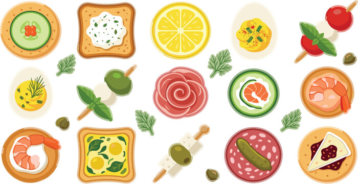 Gourmet Finger Food and Appetizer Icon Set with Canape Toast Skewers Deviled Eggs Shrimp Salami Rose and Tapas Elements for Catering Menu Designs