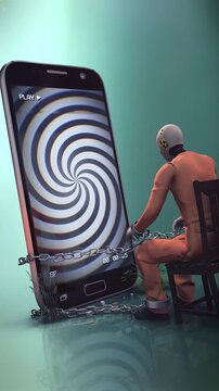 An abstract representation illustrating how smart phones are turning people into mindless dummies addicted to absorbing useless information. 
