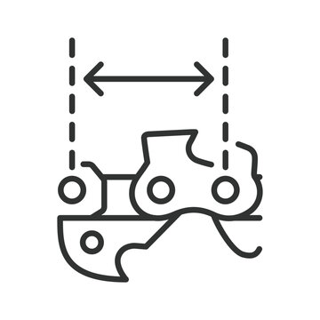 Chainsaw chain pitch, icon in line design. chainsaw chain pitch, chain pitch, saw chain spacing, drive link pitch, chainsaw measurement on white background vector. Editable stroke icon.