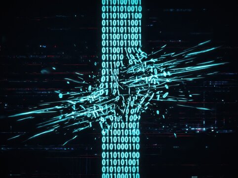 Explosion of blue binary data code emerging from dark digital void