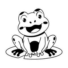 Fototapeta premium A smiling green frog sits on a lily pad with wide eyes, presenting a cheerful pond animal character with a rounded body and friendly cartoon expression.