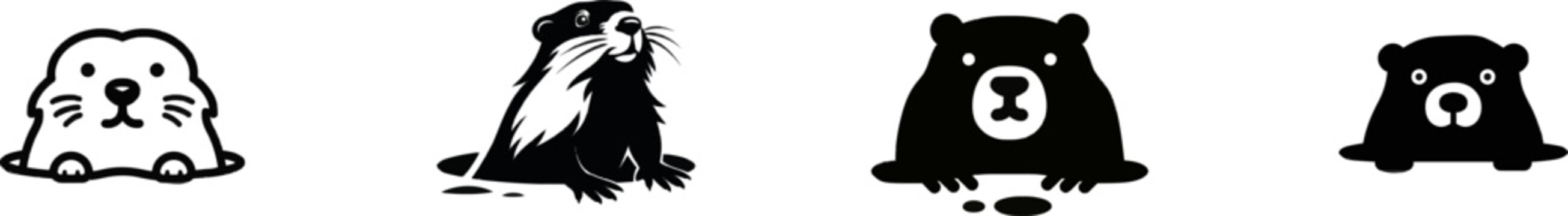 A premium black and white flat vector icon of a groundhog emerging from a hole, solid black lines and fills, modern UI style, exclusive minimalist design, isolated on a pure white background