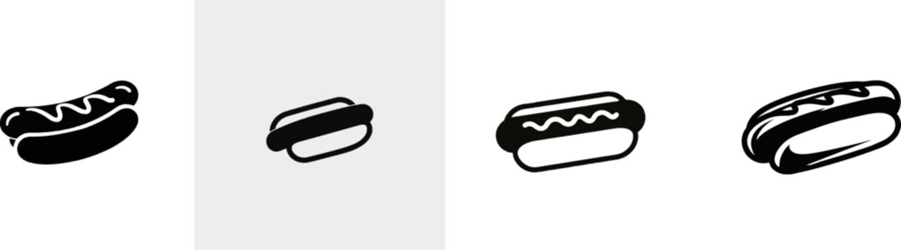 A premium black and white flat vector icon of a grilled hot dog in a bun, solid black lines and fills, modern UI style, exclusive minimalist design, isolated on a pure white background
