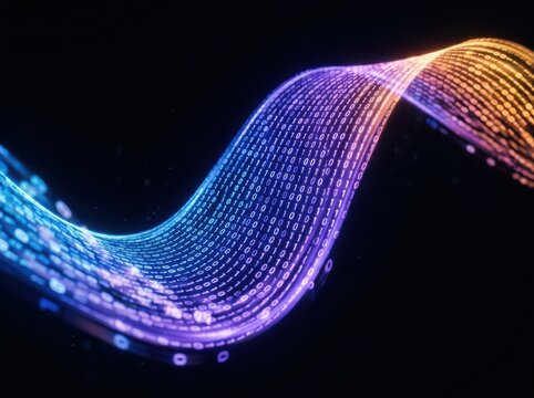 Glowing wave of binary code data moving through digital space