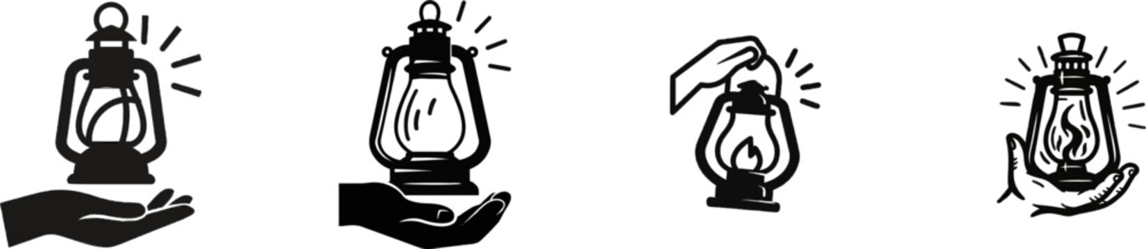 A premium black and white flat vector icon of a hand holding a glowing vintage lantern, solid black lines and fills, modern UI style, exclusive minimalist design, isolated on a pure white background