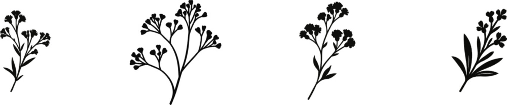 A premium black-and-white flat vector icon of delicate statice flowers with solid black lines and fills, in a modern UI style, isolated on a pure white background