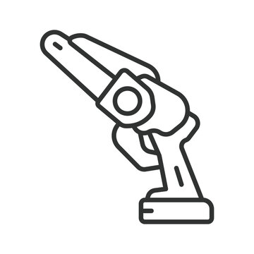 Cordless battery chainsaw, icon in line design. cordless chainsaw, battery chainsaw, electric chain saw, rechargeable chainsaw, battery power tool on white background vector. Editable stroke icon.