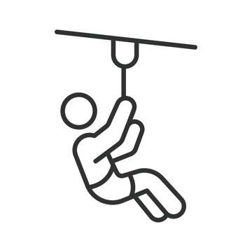 Zipline adventure ride, icon in line design. zipline, zip line, aerial rope slide, adventure park, cable ride, outdoor attraction, extreme recreation on white background vector. Editable stroke icon.