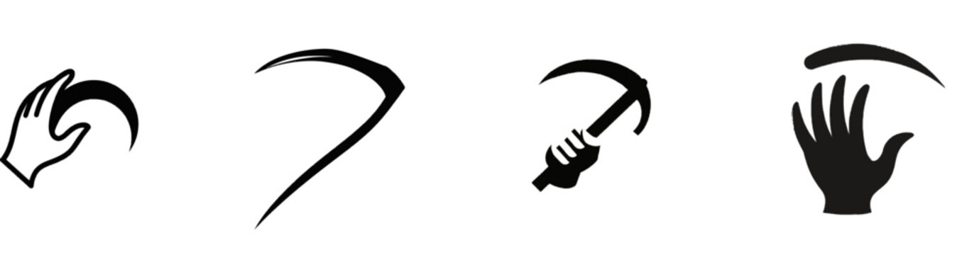 A premium black-and-white flat vector icon of a hand sickle, solid black lines and fills, modern UI style, exclusive minimalist design, isolated on a pure white background