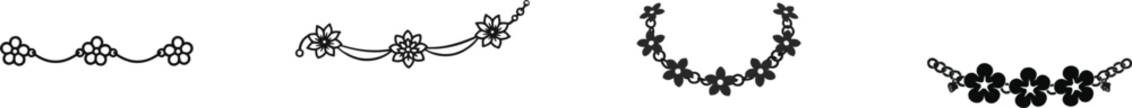 A premium black and white flat vector icon of a delicate floral anklet chain features solid black lines and fills, presented in a modern UI style with an exclusive minimalist design isolated on a