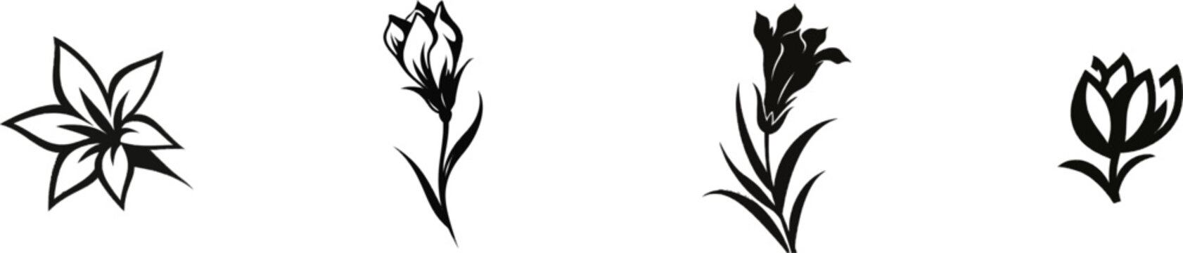A premium black-and-white flat vector icon of a delicate gentian mountain flower, solid black lines and fills, modern UI style, exclusive minimalist design, isolated on a pure white background