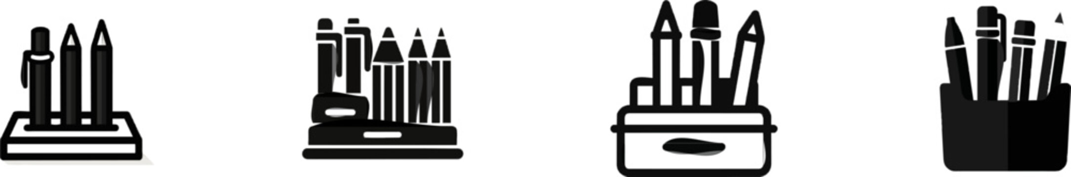 A premium black-and-white flat vector icon of a desk organizer with pens and pencils features solid black lines and fills, exuding a modern UI style that emphasizes minimalist design against a pure