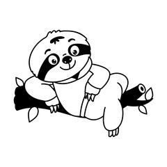 Naklejka premium A relaxed brown sloth lies across a leafy tree branch in a yellow shirt, presenting a calm tropical animal mascot with a cute and playful cartoon look.