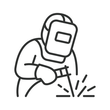 Welding worker icon in line design. Welder, welding, worker, industry, construction, sparks, safety on white background vector. Welding worker editable stroke icon.