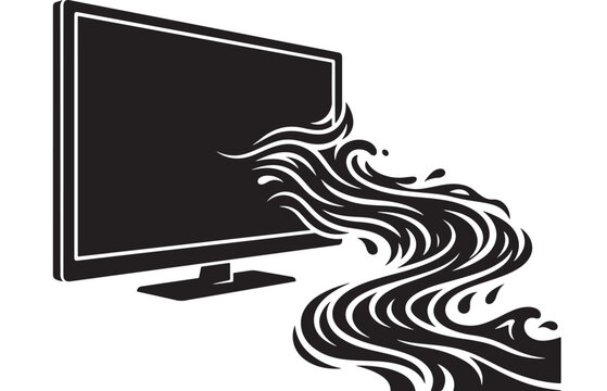 Television with Water Waves Illustration, Modern Flat Design, Black and White Vector Art, Digital Media Concept