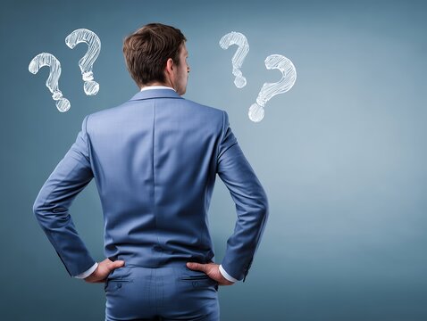 ビジネスマンが未来を思案し疑問符を背に問題解決を考える
