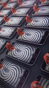 An abstract representation illustrating how smart phones are turning people into mindless dummies addicted to absorbing useless information. 
