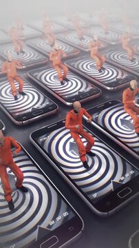 An abstract representation illustrating how smart phones are turning people into mindless dummies addicted to absorbing useless information. 
