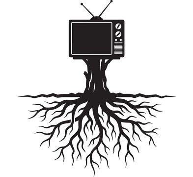 Television with Roots Growing Underground, Symbolizing Media Influence and Connection to Society Featuring Symbol, Growth