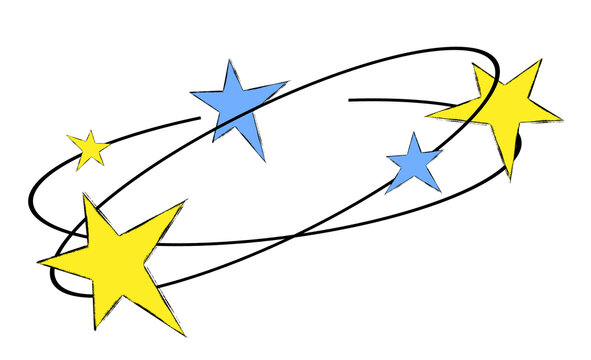 Playful hand drawn illustration of colorful stars spinning around in a circular motion to represent dizziness, confusion, disorientation, or feeling lightheaded.