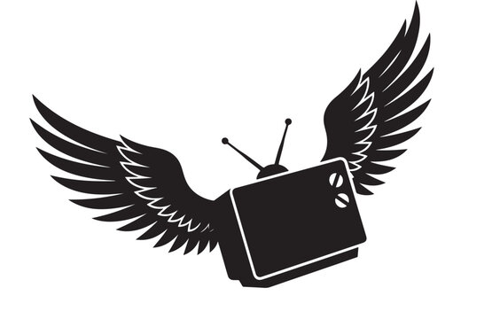 Old Television with Wings Flying, Vintage Media Symbol, Retro Broadcast Icon, Black and White Illustration