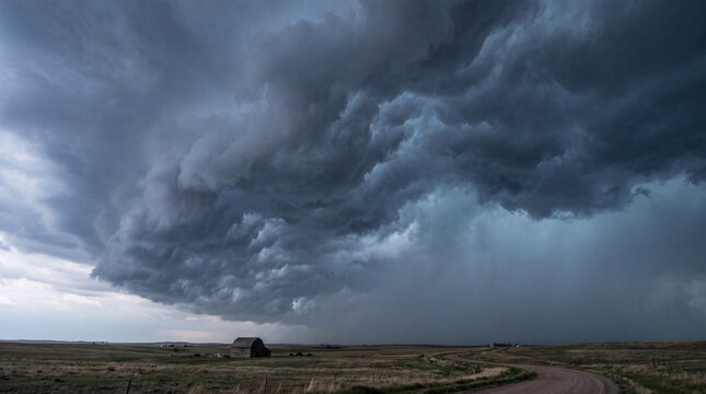 A vast, dark, and menacing supercell thunderstorm brewing over a rural landscape with an old barn.