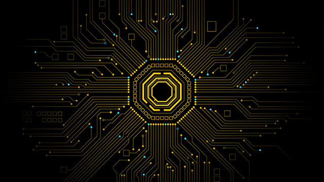 High-contrast golden micro-circuit schematic with cyber-firewall core