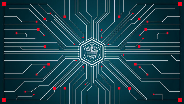 Minimalist high-contrast micro-circuit board schematic with glowing traces