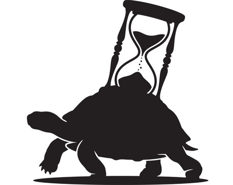 Tortoise Carrying Hourglass on Its Back, Black Silhouette Design, Time Concept Illustration Featuring Vector, Symbol, Animal