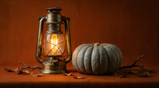 Vintage lantern beside a pumpkin on rustic wooden surface